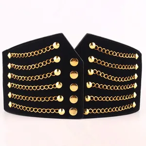 Женский Сверхширокий пояс из ПУ кожи, с металлической цепочкой и заклепками, эластичный пояс для платья с высокой талией
