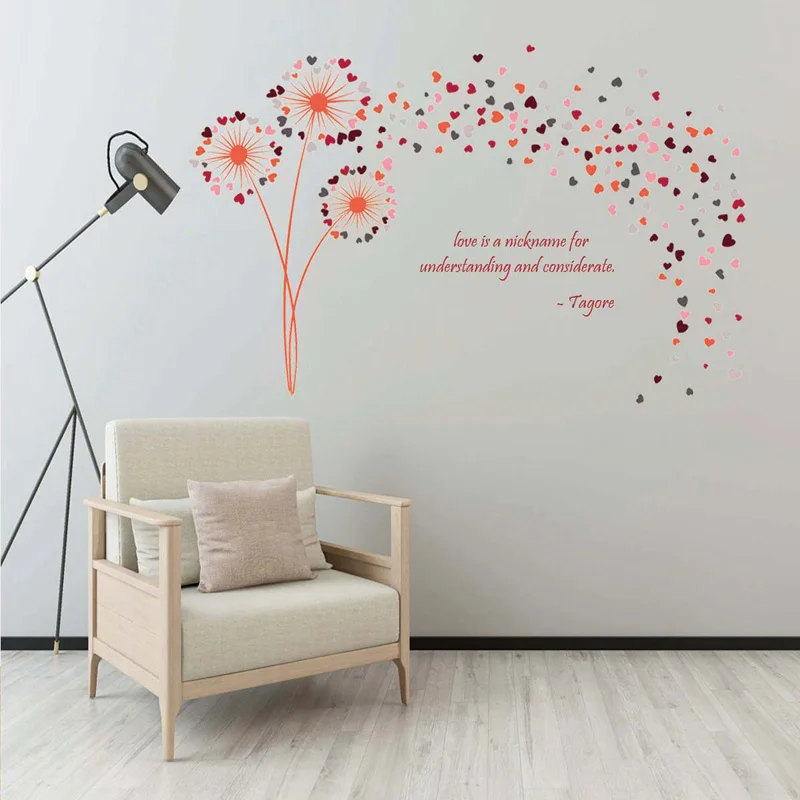 

Multicolor Heart Shaped Dandelion Wall Sticker For Wedding Home Romantic Decoration Mural Living Room Background Decor Decals