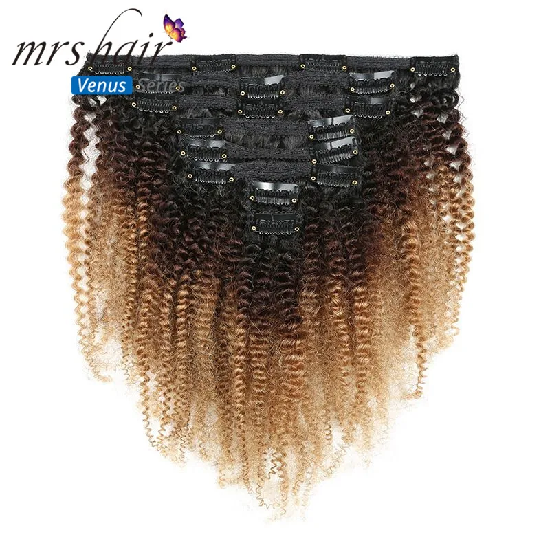 T1B-4-27 MRSHAIR 8 шт./компл. афро Кудрявый Кудрявые Волнистые Волосы Remy человеческие волосы на заколках для наращивания, волосы для наращивания на заколках, "-20" натуральный Цвет для наращивания на всю голову 120g средней плотности - Цвет: T1B-4-27