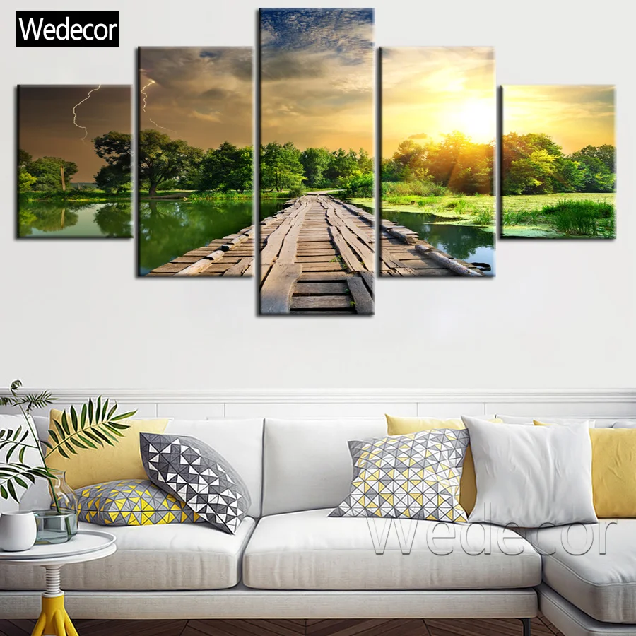 5 Pieces HD Wooden bridge Pier to the Lake Sunset Prints 4 Poster Wall Art 3 Canvas Painting For Living Room W319-7 | Дом и сад