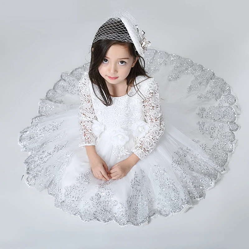 Elegant Lace Long Sleeves Princess Girls Dovetail Dress Kids Children Trailing Sequins Flower White Birthday Party Prom | Детская одежда
