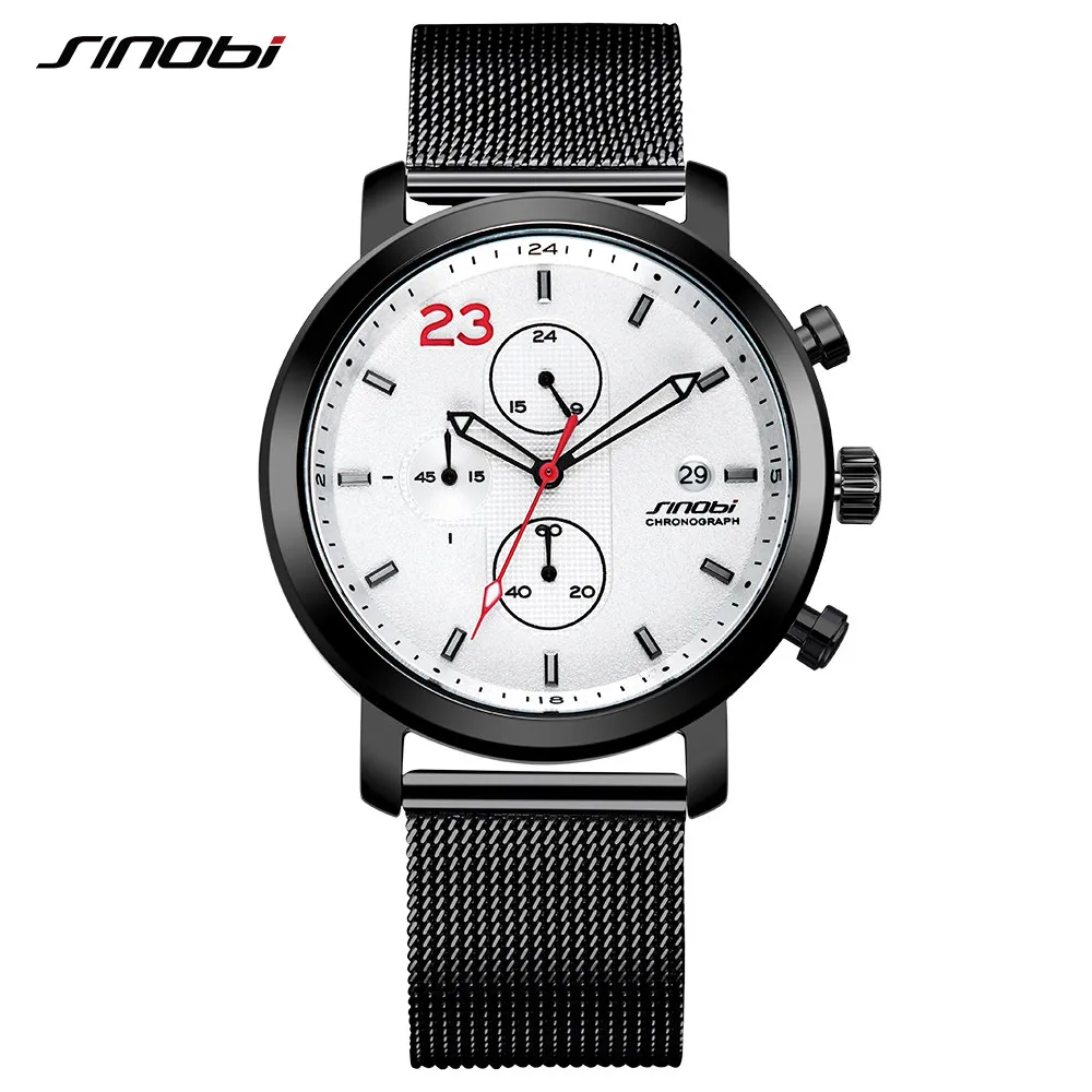 

SINOBI DIY Strap Chronograph Men's Quartz Watch Calender Mesh Strap Fashion Casual Relogio Masculino White Dial Saat Dropshiping