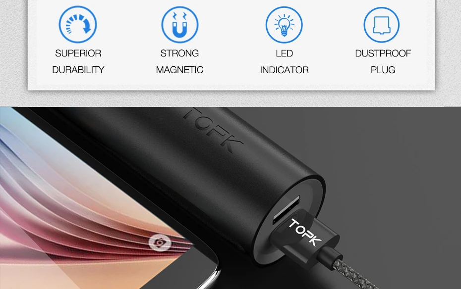 TOPK [10-Pack] светодиодный магнитный кабель Micro USB кабель для Xiaomi Redmi Note 5 Pro samsung Galaxy S7 edge Microusb зарядный кабель