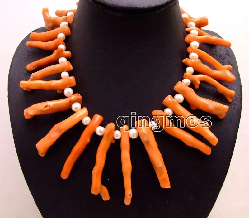 Qingmos Big 8*70mm GENUINE Pink Branch shape Coral and 8-9mm White Pearl 18&quot Necklace-nec6162 Wholesale/retail Free shipping | Украшения