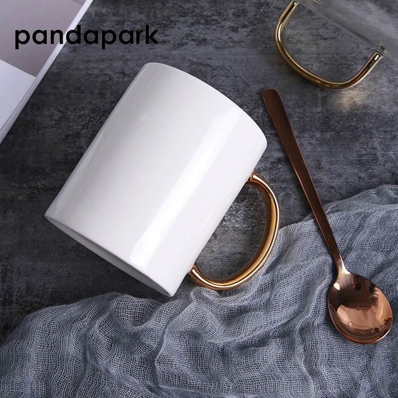 Pandapark Новинка 2018 короткая белая керамическая кофейная кружка с золотыми ручками