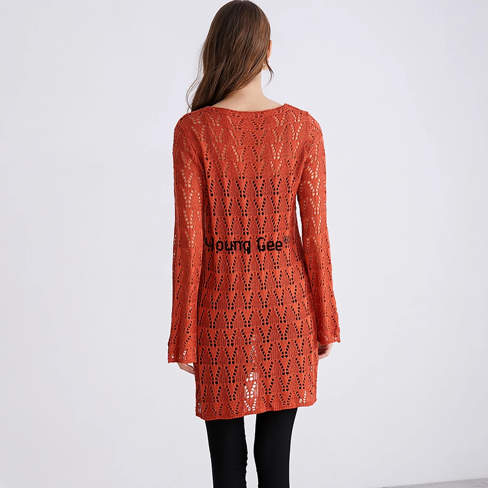 Young Gee Sweaters Women Casual Knitted Long Flare Sleeve Tops Crochet Floral Female High Street Chic Lace Up Pullover Jumper | Женская