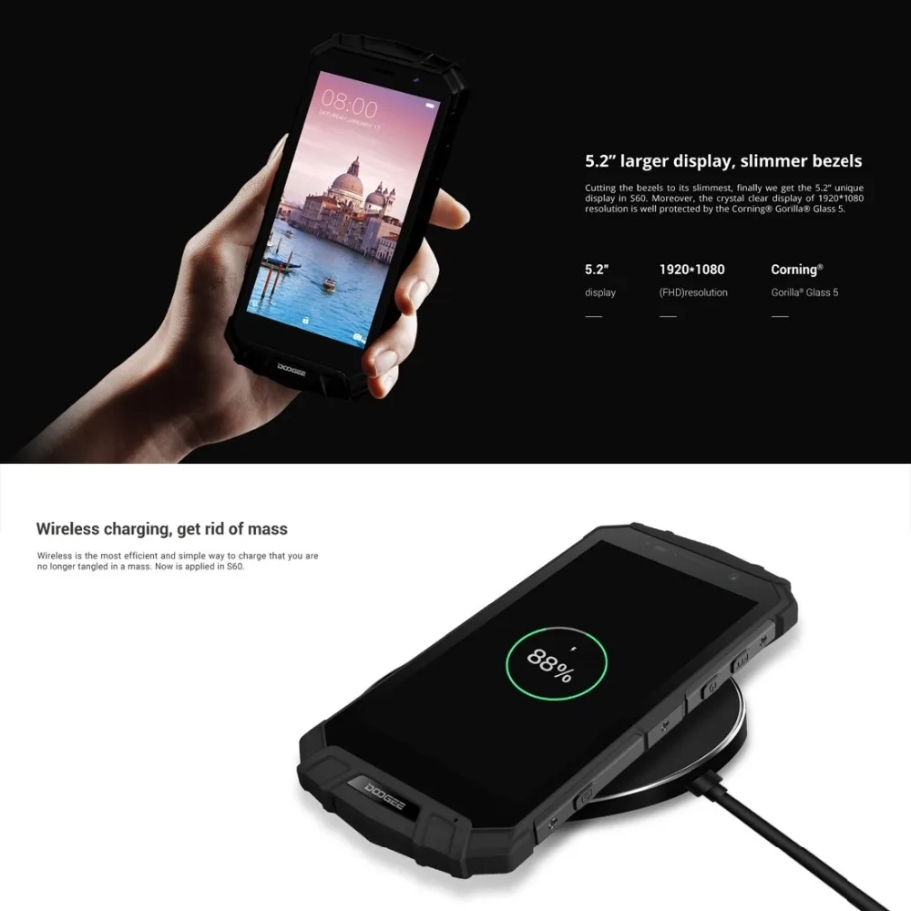IP68 DOOGEE S60 Беспроводная зарядка 5580 мАч 12V2A Быстрая 5 2 'ɿHD Helio P25 восьмиядерный