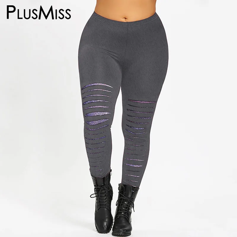gray PlusMiss размера плюс 5XL Galaxy принт со звездой и рваных леггинсов женская одежда Фитнес Легинсы большой Размеры пикантные тренировки брюки - Цвет: gray