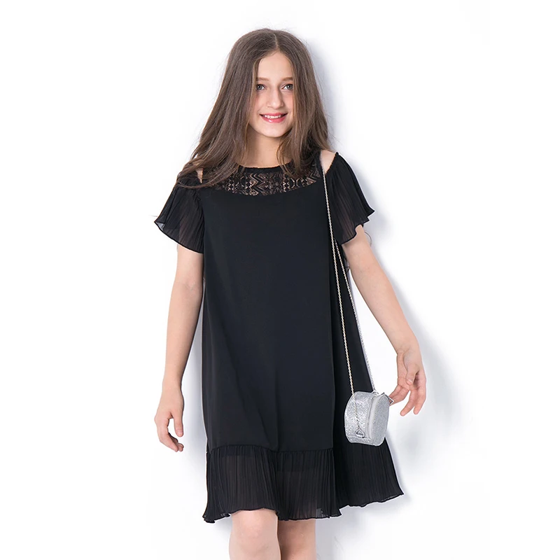 Summer Teen Girls Dress Children's Clothing Dresses Children Black Princess Strapless Hollow Chiffon Vestidos for Teenagers | Детская