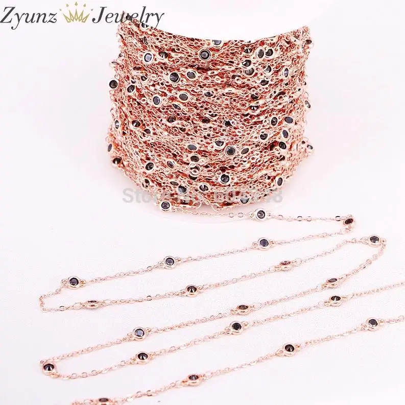 Rose Gold color 5 метров, ZYZ323-9207, стиль, четки, круглая CZ цепочка с черными бусинами, золото, серебро, бронза, розовое золото, 4 цвета на выбор - Цвет: Rose Gold color