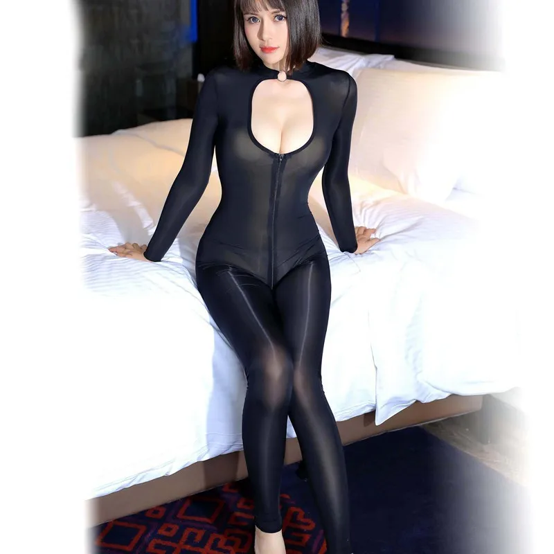 Women Super Thin Skinny Glossy Bodysuit Silk Slippery Tighten Jumpsuit Hollow Out Chest Choker Necklace Collar Bodysuits | Женская