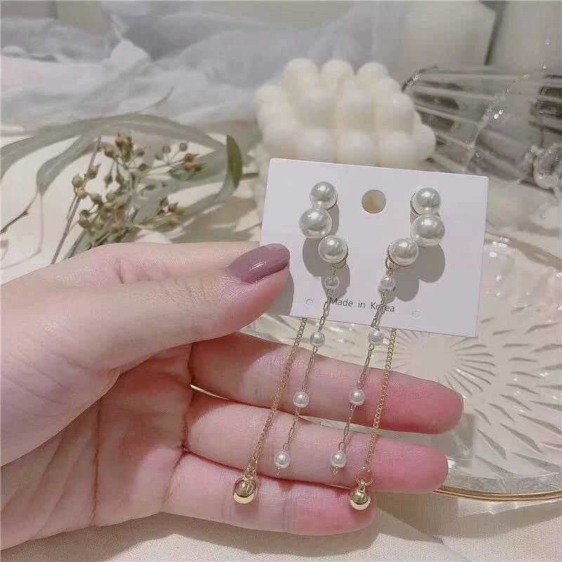 Женские корейские серьги с искусственным жемчугом металлическая цепочка