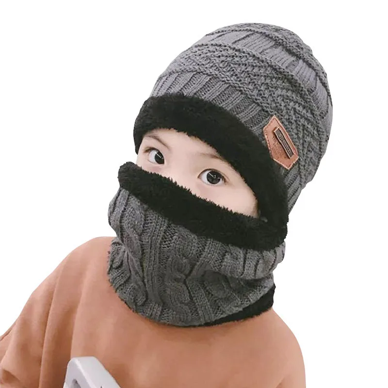 Children Knitted Hat Winter Warm Baby Kids Cap Skullies Beanies Circle Scarf Thicken Fleece Lining For 2-12 Years Boys Girls | Детская