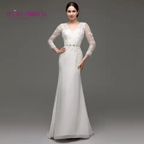 Wowbridal 2021 Elegant Sheath V-Neck Lace Wedding Dress Appliques Sweep Train vestido de noiva Long Sleeve Wedding Dress 30244