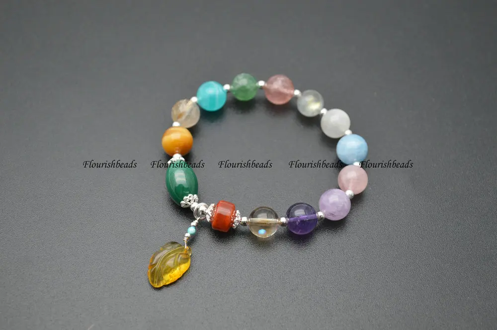 

Fine Jewelry Natural Multi Gemstones Amber Leaf Charm Bracelet Amethyst Labradorite Crystal Quartz Lapis Round Beads Gift
