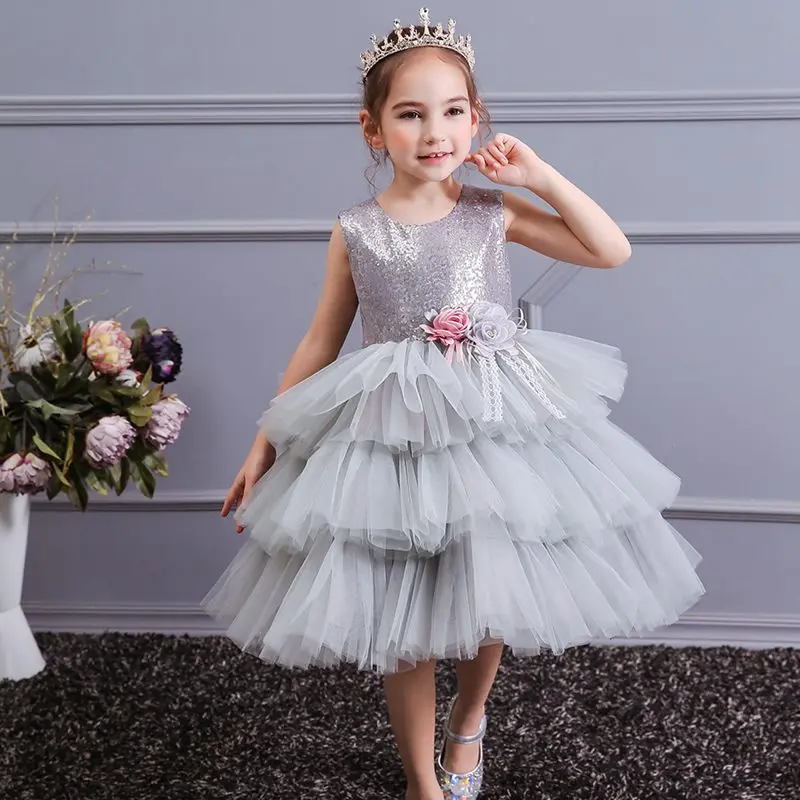 Gray Dress MUABABY/летнее платье для девочек; праздничное платье принцессы без рукавов с блестками и цветочным рисунком; детское многослойное Тюлевое вечернее свадебное платье; детская туника - Цвет: Gray Dress