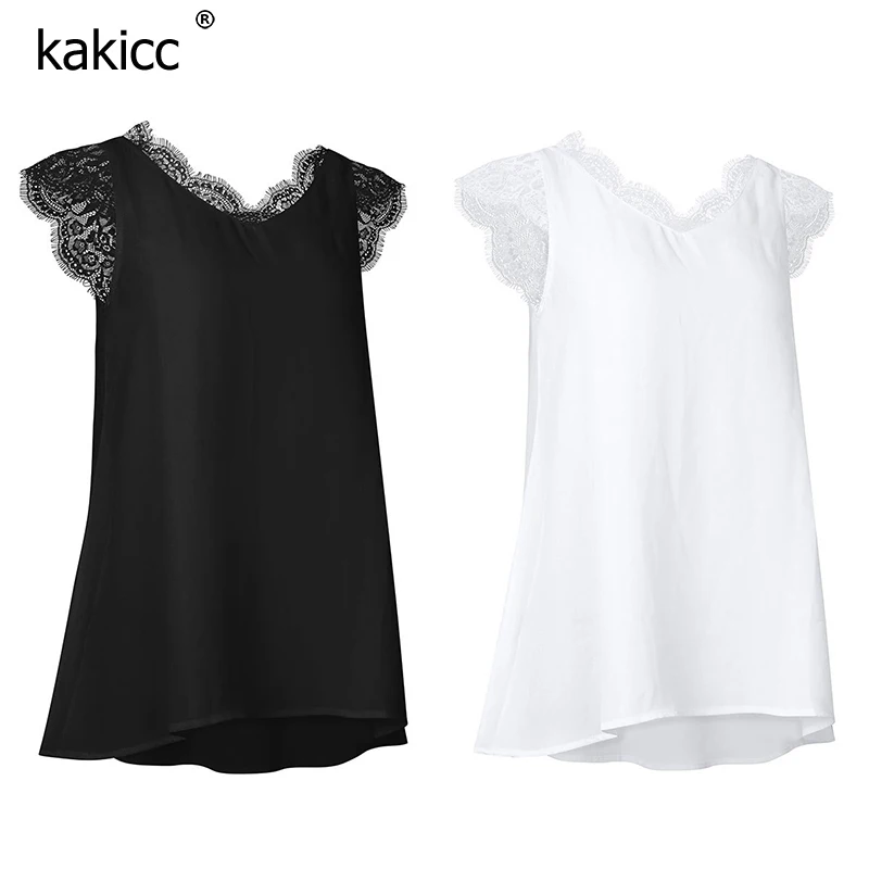 Lace Spliced Chiffon Women Blouses V Neck Sleeveless Shirts Summer Loose Casual Female Fashions Elegant White Solid Tops |