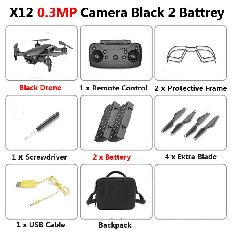 0.3MP Black 2B Bag X12 WiFi FPV Mini Foldable Drone Camera 0.3MP 2MP HD Optical Flow Aerial Video Profissional RC Quadcopter Helicopter Toys SG106 - Цвет: 0.3MP Black 2B Bag