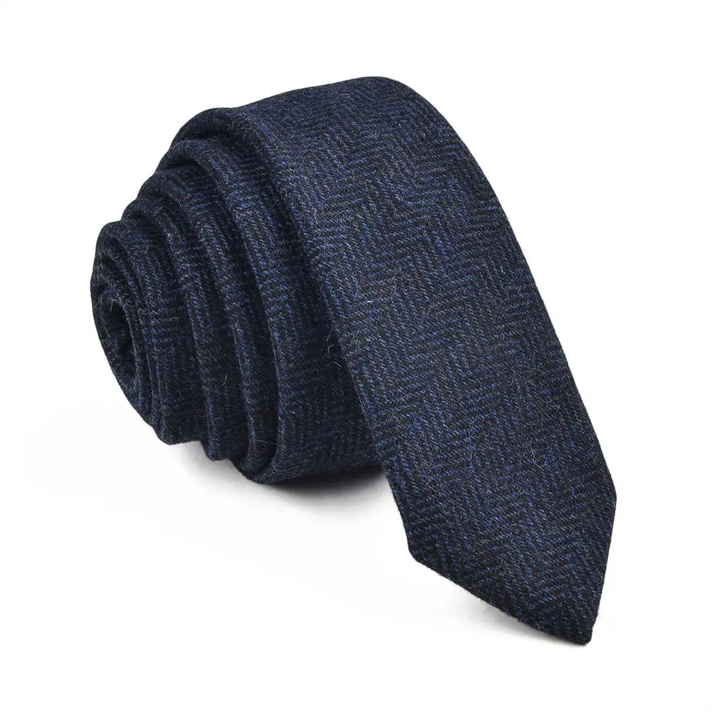 VOBOOM Khaki Classic Herringbone Wool Neck Ties For Men Autumn Winter Party Wedding Business Office Skinny Tie Groomsmen Gift 06 - Цвет: Темно-синий
