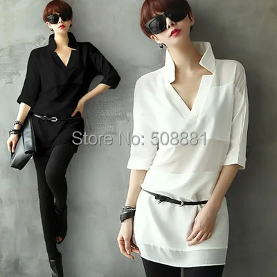 2016 новое лето шифон блузка рубашка женщины с коротким рукавом длинные случайные