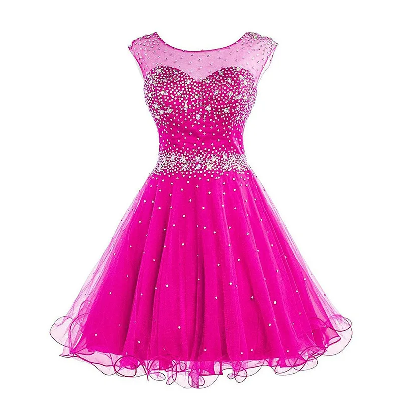 hot pink Платья для выпускного со стразами Мятное зеленое вечернее платье тюль фиолетовый короткий горный хрусталь без рукавов Мини девушка свадебные платья для юниоров - Цвет: hot pink