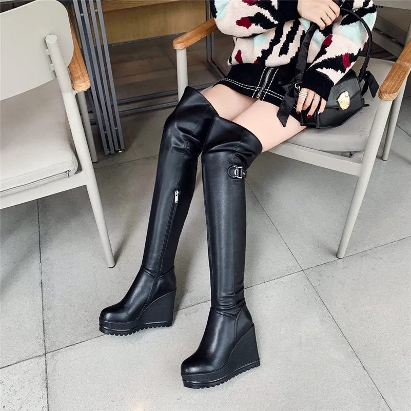 Meotina Winter Thigh High Boots Women Genuine Leather Platform Wedge Heel Over the Knee Boots Zip Super High Heel Long Shoes 40