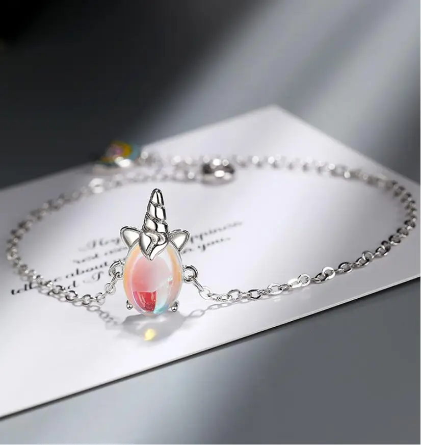 Единорог Радуга красочные браслеты из лунного камня и браслеты для женщин тренд креативные 925 пробы Серебряные вечерние подарки Ювелирные изделия SAB40