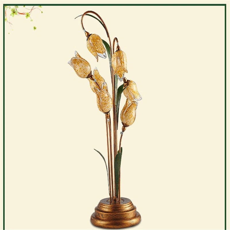 Винтажная классическая настольная лампа с цветами стеклянная прикроватная в