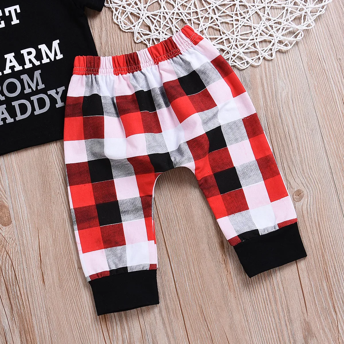 New Toddler Kid Baby Boy Clothes Short Sleeve Letter T Shirt Black Tops Long Plaid Pants 2Pcs Summer Set Outfits Clothing 3M-4T |