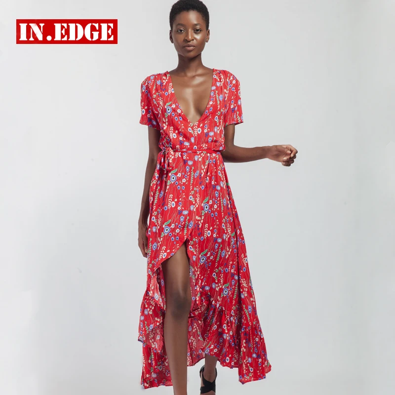 Summer Beach Long Dresses Women Flower Floral Maxi Split Elegant Dress Sexy Deep V Neck Party Evening Red Bodycon Belt Женская одежда