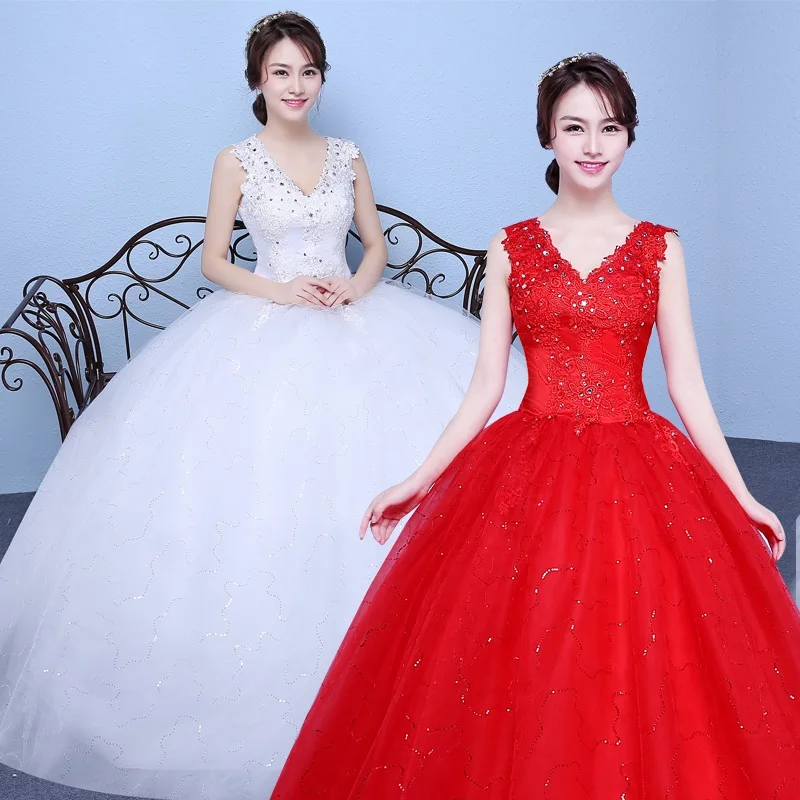 2017 new stock plus size women pregnant bridal gown wedding dress ball gown lace sexy deep v neck red white long cheap 048