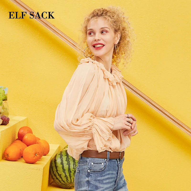 ELFSACK 2019 Spring New Chiffon Blouse Woman Casual Knitted O-Neck Women Shirts Lace Flare Sleeve Oversized Ladies | Женская одежда