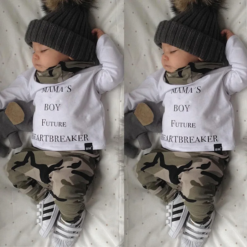 2020 Newborn clothes Infant suit baby boy Long sleeve letter T shirt+ArmyGreen pants 2pcs toddler girl clothing set | Детская одежда и