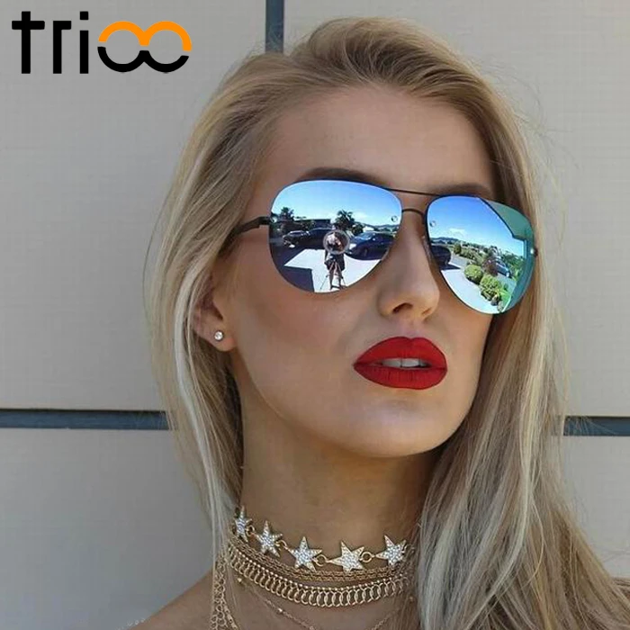 

Очки-авиаторы TRIOO женские с плоскими линзами, дизайнерские солнцезащитные розовые зеркальные солнечные очки для женщин, классические дизай...