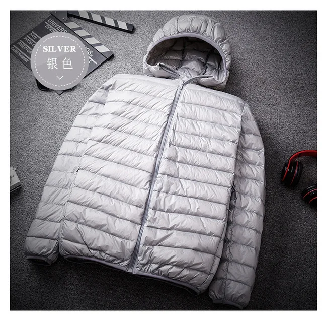 Gray Большой размер 8XL 9XL 10XL 11XL Высокое качество ультра легкий пуховик 90% белый утиный пух теплый с капюшоном мужская портативная куртка пальто - Цвет: Gray