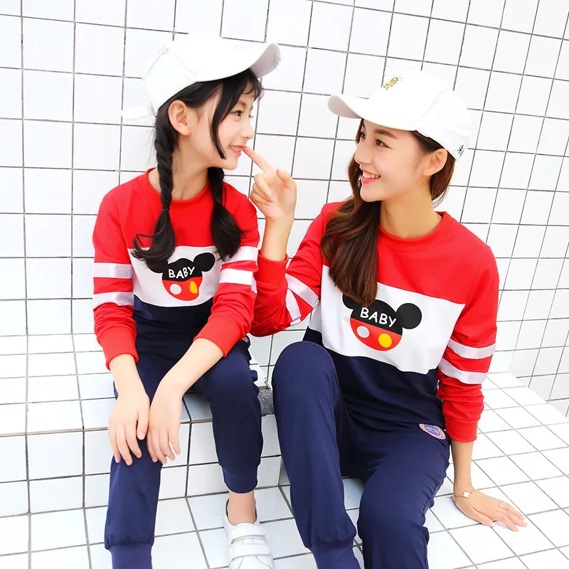 Mother Daughter Fashion tracksuit women two piece set Children Wear Autumn New Mickey White Casual sports pants and clothes | Мать и