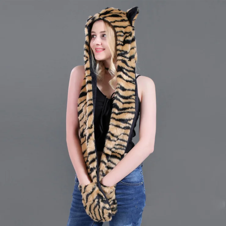 Yellow Tiger Зима Белый Волк аниме лапы уши искусственного животного капюшон капюшоны варежки перчатки шарф на молнии с флисовой подкладкой Плюшевые Косплей Хаски шапка - Цвет: Yellow Tiger