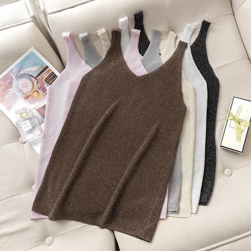 Spring Sparkling Casual Knitt Sweater Women V-neck Vests Summer Fashion Solid High Elasticity Soft Sexy Slim Sweaters Femme |