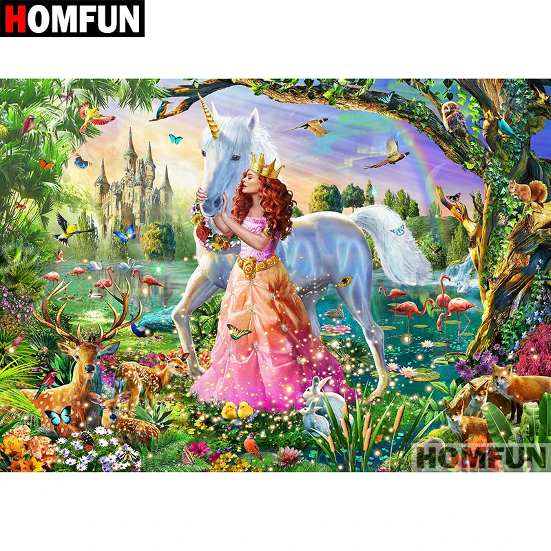 Алмазная 5D Вышивка HOMFUN Принцесса Единорог картина из квадратных/круглых страз
