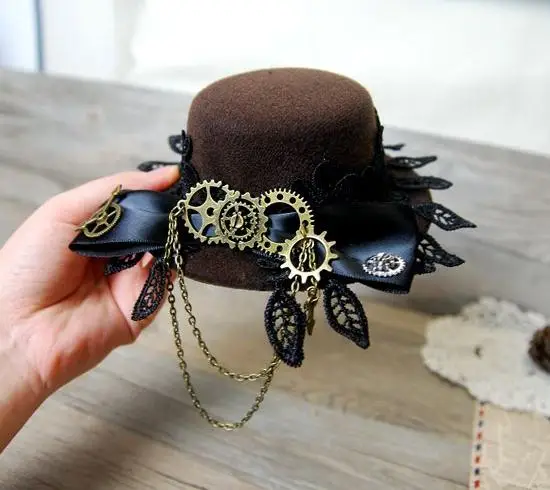 

Vintage Lace Big Bow Lolita Cosplay Mini Top Hat with Gears for Men Women