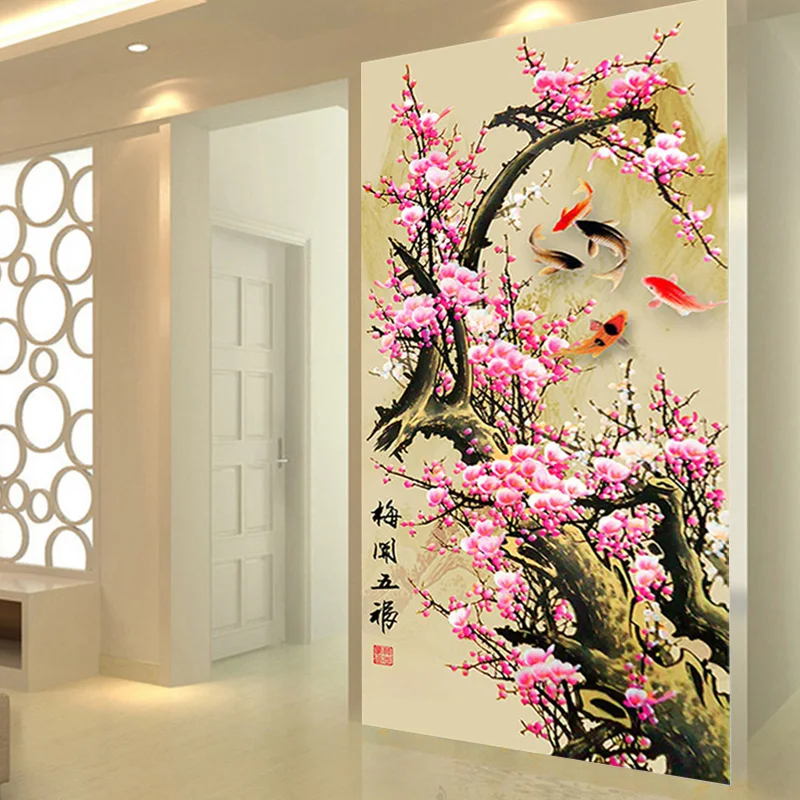 QIANZEHUI DIY Вышивка с изображением пейзажа сливы девять рыб круглая Алмазная полная