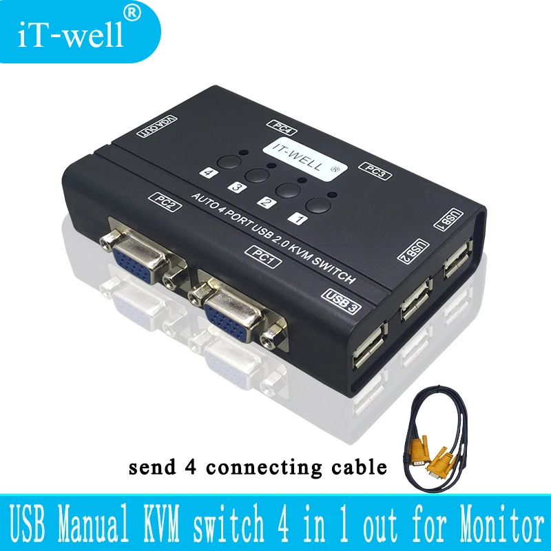 IT-well 4 порта KVM переключатель управления 4 ПК Хост 1 Набор USB клавиатура мышь и VGA монитор мульти ПК управление оригинальным кабелем