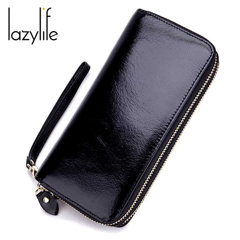 Женский кошелек LAZYLIFE из натуральной кожи вощеные бумажники с двойной молнией