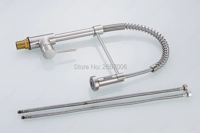 Free shipping High Quality Brushed Nickle Brass Spring Kitchen Faucet Two Spouts Pull Out Deck Mounted Mixer Tap ZR660 | Обустройство