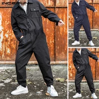 incerun fashion men cargo overalls jumpsuit punk style pockets 2021 baggy solid color long sleeve pants men rompers streetwear