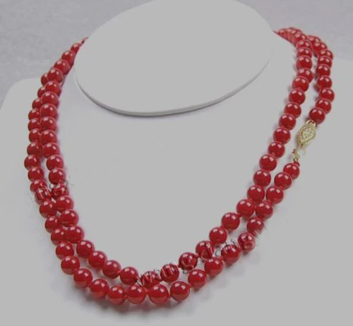 

36"LONG 7-7.5mm Japan Red Coral Round Beads Necklace free gift earring
