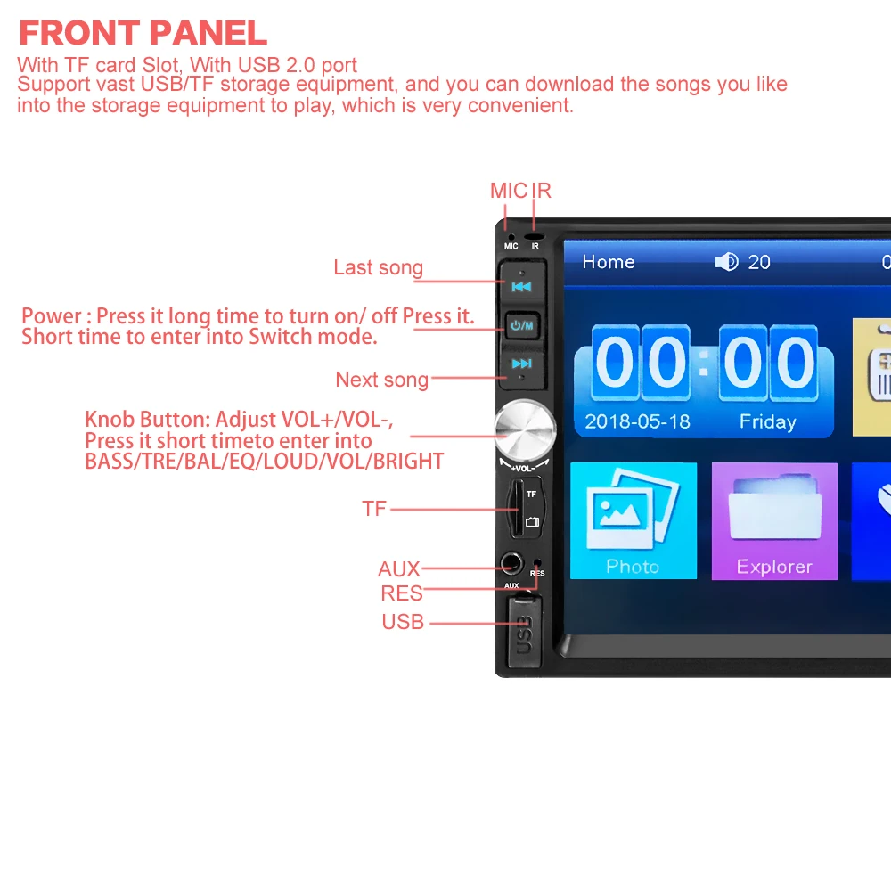 Radio 2 Din General Car Models 7'' LCD Touch Screen Car Radio Player Bluetooth Car Audio Support Rear View Camera 7012B