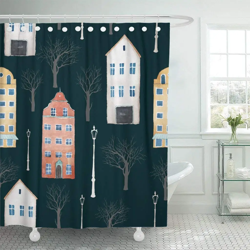 Ткань занавеска для душа с крючками живопись акварельный город Европы узор