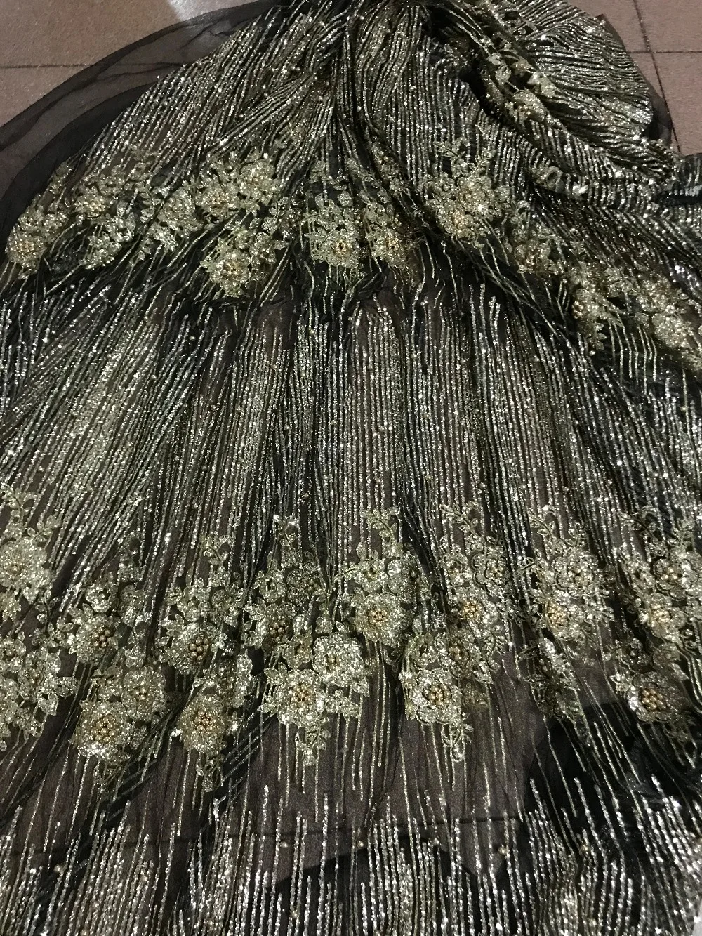 

high quality African French net tulle Lace Fabric for party Hot selling beaded glued glitter sequins lace fabric gold
