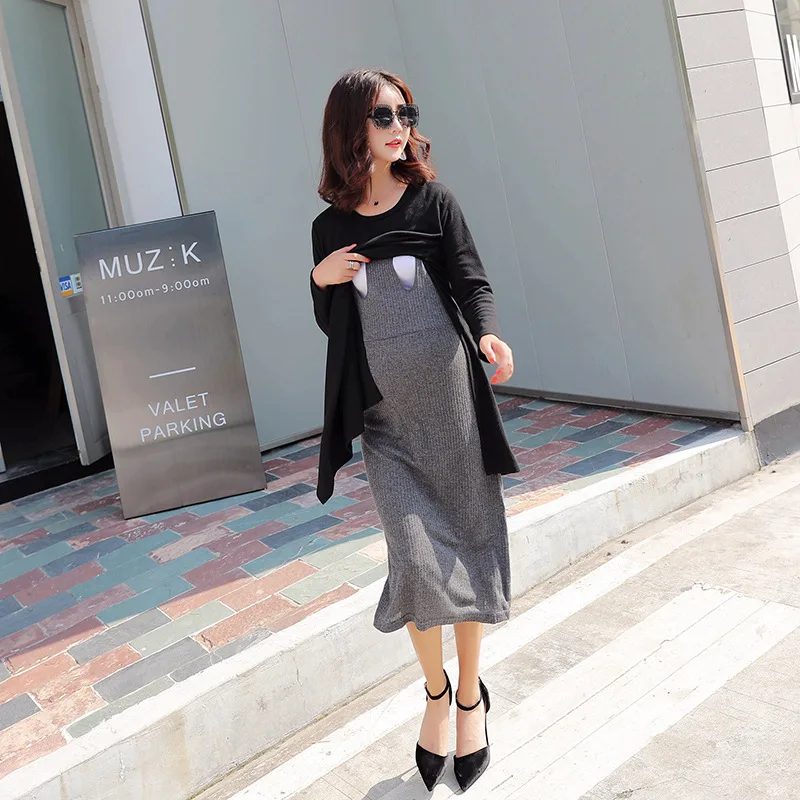 Большие размеры платья для кормящих матерей Зимний вязаный свитер беременных